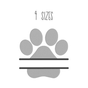 May include: A gray paw print with a double line for personalization. The text "4 SIZES" is above the paw print.