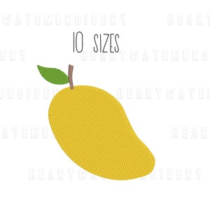 May include: A yellow mango with a green leaf and brown stem. The text "10 SIZES" is above the mango.