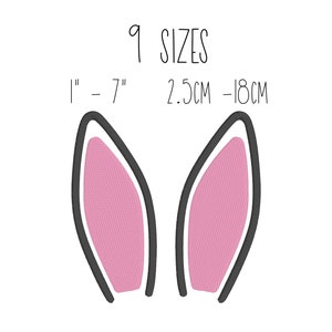 May include: Two pink bunny ears with black outlines. The ears are available in 9 sizes, from 1 inch to 7 inches, or 2.5 cm to 18 cm.