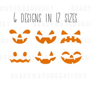 May include: Six different orange pumpkin face designs in 12 sizes. The designs include a smiling face, a frowning face, a surprised face, a scary face, a happy face, and a neutral face.  "6 DESIGNS IN 12 SIZES" is written in black text at the top of the image.