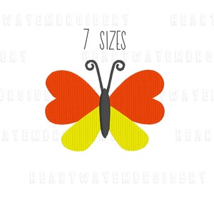 Op de afbeelding: Een eenvoudig vlinderontwerp in de kleuren rood, geel en zwart. De vlinder heeft hartvormige vleugels. De tekst "7 SIZES" staat boven de vlinder.
