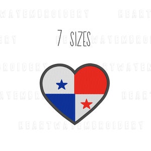 May include: A heart-shaped embroidery design featuring the flag of Panama. The flag is red, white, and blue with a white star on the blue section and a red star on the white section. The design is available in 7 sizes.