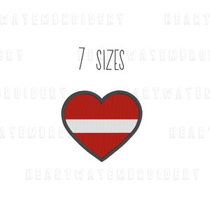 May include: A red heart with a white stripe across the center, representing the flag of Latvia. The heart is outlined in gray and has a textured appearance.