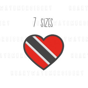 May include: Red heart-shaped patch with the flag of Trinidad and Tobago. The flag features a black diagonal band with white stripes on a red background. The text "7 SIZES" is above the heart.