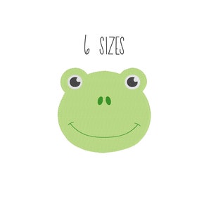Op de afbeelding: Groen kikkergezicht met grote ogen en een glimlach. De tekst "6 SIZES" staat boven de kikker.