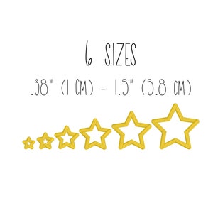 May include: Six gold star-shaped cookie cutters in different sizes, ranging from 0.38 inches (1 cm) to 1.5 inches (5.8 cm).  The text "6 SIZES" and ".38" (1 CM) - 1.5" (5.8 CM)" is above the cookie cutters.