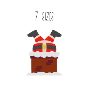 May include: A cartoon illustration of Santa Claus's legs sticking out of a brick chimney with snow on top. The text "7 SIZES" is above the chimney.