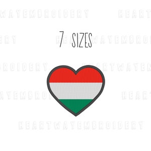 May include: A heart-shaped embroidery design featuring the Hungarian flag. The flag is red, white, and green. The design is available in 7 sizes.