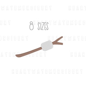 May include: A brown stick with a white marshmallow on the end. The text "8 SIZES" is above the stick.