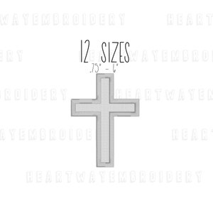 May include: A gray cross embroidery design with 12 sizes ranging from 0.75 inches to 6 inches.