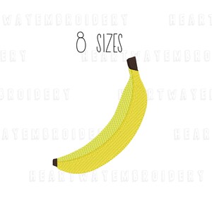 Puede incluir: Un plátano amarillo con un tallo marrón. El texto "8 SIZES" está por encima del plátano.