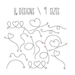 May include: A set of 16 hand-drawn heart-shaped arrows in various styles and sizes. The arrows are black and the hearts are red.