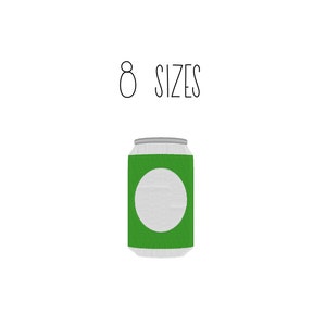 May include: A white aluminum can with a green label and a white circle in the center. The text "8 SIZES" is above the can.