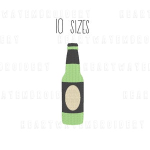 May include: Green and black embroidered design of a beer bottle with a white label. The design is available in 10 sizes.