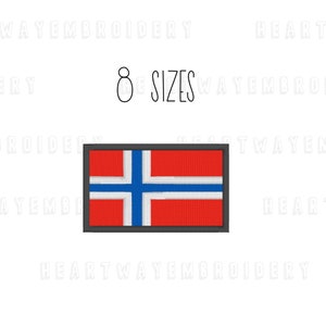 May include: Embroidered patch of the Norwegian flag. The flag is red with a blue cross and white trim. The patch is surrounded by a black border. The text "8 SIZES" is above the patch.