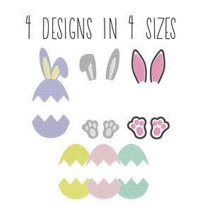 May include: Four Easter-themed embroidery designs in four sizes. The designs include a bunny with ears, a cracked egg, a whole egg, and bunny footprints.