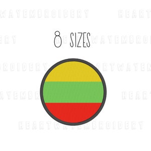 May include: A round embroidered patch featuring the flag of Lithuania. The flag has three horizontal stripes: yellow, green, and red. The patch is surrounded by a black outline.