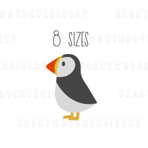 May include: Embroidery design of a cartoon puffin with an orange beak and black and white feathers. The design is available in 8 sizes.