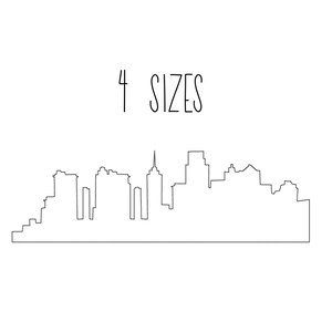 May include: A black and white line drawing of a city skyline with the text "4 SIZES" above it.