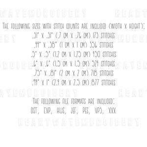 May include: A list of embroidery file sizes and stitch counts in inches and centimeters, along with the file formats included: DST, EXP, HUS, JEF, PES, VP3, XXX. The text "Heartway Embroidery" appears at the top and bottom of the image.