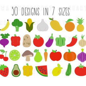 Op de afbeelding: Een set van 30 borduurmotieven met verschillende soorten fruit en groenten. De ontwerpen omvatten een banaan, broccoli, maïs, knoflook, mango, sinaasappel, ananas, biet, paprika, aardappel, tomaat, aubergine, groene paprika, chilipeper, ui, kers, limoen, paddenstoel, peer, wortel, appel, pompoen, ui, aardbei, avocado, paprika, watermeloen, citroen en courgette.