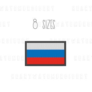 May include: Embroidered patch of the Russian flag. The flag is white, blue, and red with a black outline. The text "8 SIZES" is above the flag.