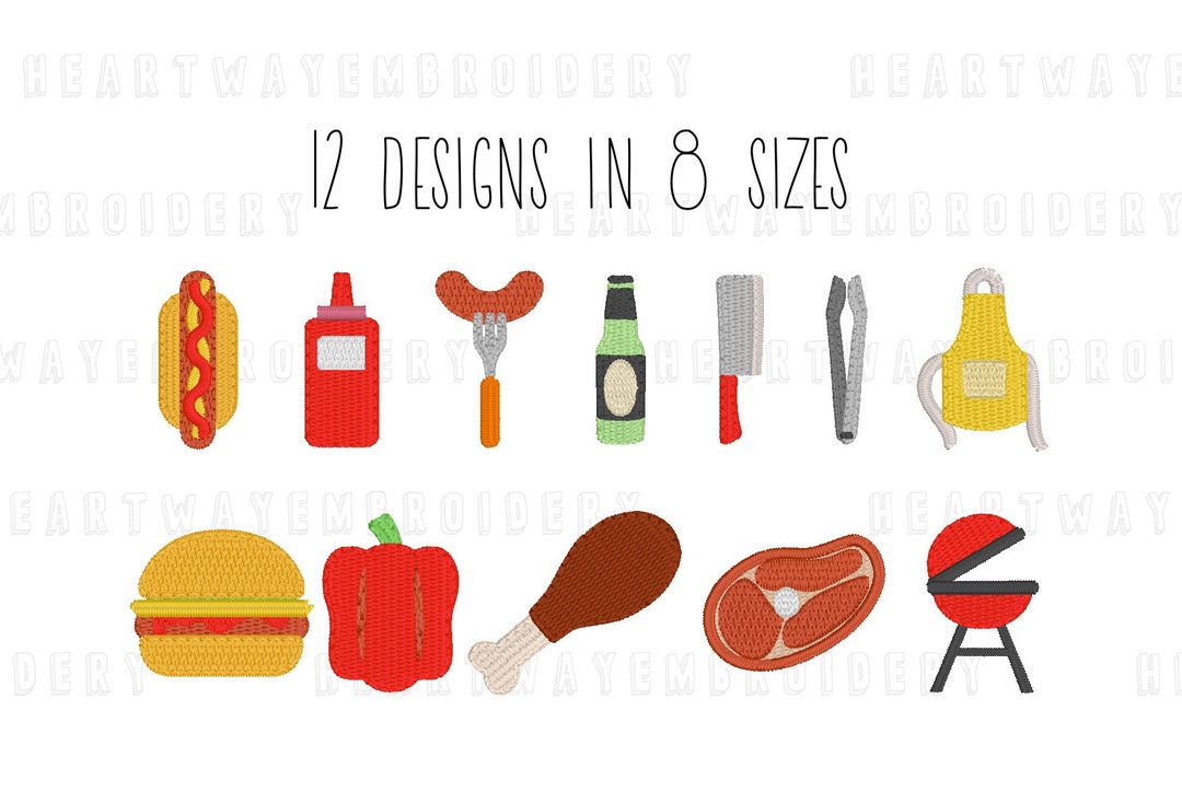 Embroidery Design Set Grilling Theme 8 SIZES Mini Grill Embroidery