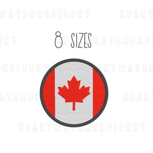 May include: A round embroidered patch featuring the Canadian flag. The flag is red and white with a red maple leaf in the center. The patch has a black outline.