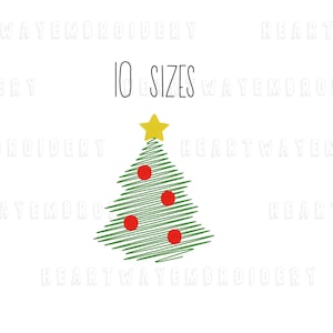 May include: A green Christmas tree with a yellow star on top and four red baubles. The text "10 SIZES" is above the tree.