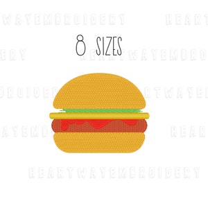 May include: Embroidered design of a yellow hamburger with red ketchup, a yellow cheese slice, and a green lettuce leaf. The text "8 SIZES" is above the hamburger.