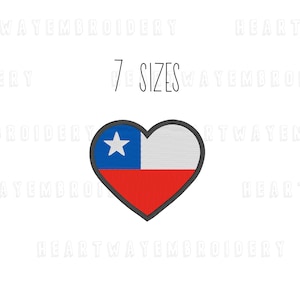 May include: A heart-shaped patch featuring the flag of Chile. The design includes a blue square with a white star, a white stripe, and a red stripe. The text "7 SIZES" is above the heart.