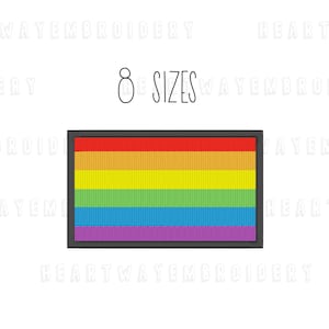 May include: Rainbow pride flag patch with a black border. The flag has six stripes: red, orange, yellow, green, blue, and purple. The text "8 SIZES" is above the patch.