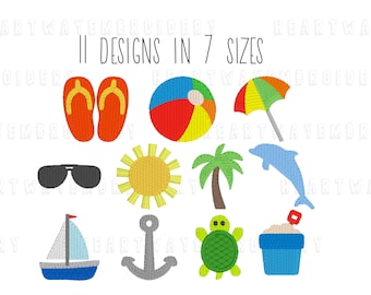 Beach Embroidery Design Set: Summer Mini Embroidery Bundle (7 Sizes) (Digital Download)