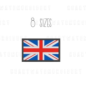 Pode incluir: Patch bordado da bandeira da Union Jack, a bandeira do Reino Unido, com uma borda cinza. O texto "8 SIZES" está acima do patch.