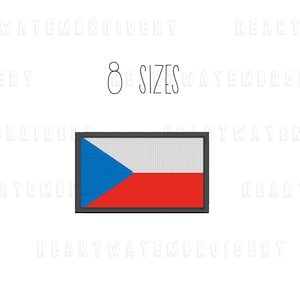 May include: Embroidered patch of the Czech Republic flag. The flag is blue, white, and red with a white triangle in the upper left corner. The patch is surrounded by a black border. The text "8 SIZES" is above the patch.