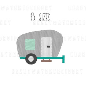 May include: A gray and teal camper van embroidery design with a window and door. The text "8 SIZES" is above the camper.