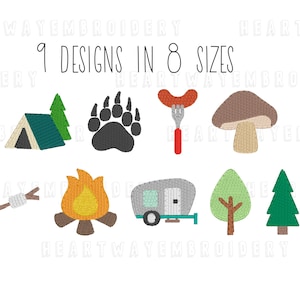 Embroidery design set camping theme - 8 SIZES mini camp embroidery design bundle summer embroidery campfire embroidery design camper
