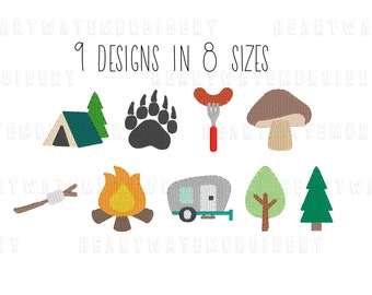 Embroidery design set camping theme - 8 SIZES mini camp embroidery design bundle summer embroidery campfire embroidery design camper