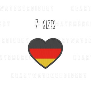 May include: A heart-shaped embroidery design featuring the German flag in black, red, and gold. The design is available in 7 sizes.  Heartwayembroidery.