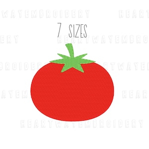 May include: Red tomato with a green stem and leaves. The text "7 SIZES" is above the tomato.
