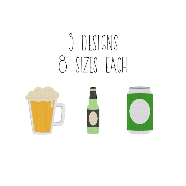 Beer embroidery design set 3 DESIGNS in 8 SIZES  - mini fill stitch embroidery design beer bottle can beer mug embroidery design dst pes