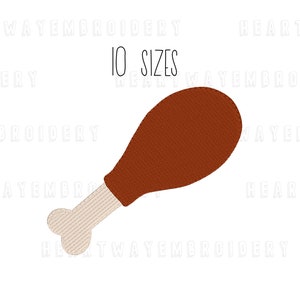 May include: A brown and white chicken leg embroidery design. The design is available in 10 sizes.