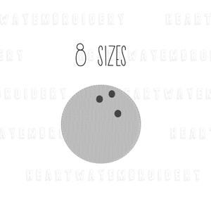 May include: A gray bowling ball with three black pins. The text "8 SIZES" is above the bowling ball.