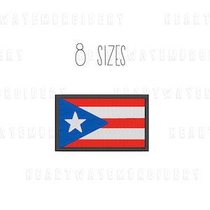 May include: Embroidered patch of the Puerto Rican flag. The flag is red, white, and blue with a white star in the blue triangle. The patch is surrounded by a gray border. The text "8 SIZES" is above the patch.