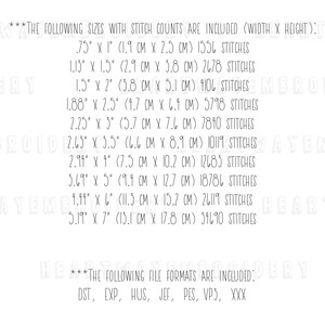 May include: A list of embroidery file sizes and stitch counts in inches and centimeters, along with the corresponding number of stitches. The file formats included are DST, EXP, HUS, JEF, PES, VPS, and XXX.