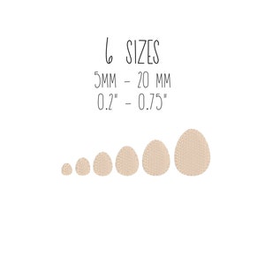 May include: Six different sizes of beige felt circles, ranging from 0.2 inches to 0.75 inches in diameter.  The text "6 SIZES" is above the circles, and the text "5MM - 20 MM" and "0.2" - 0.75" are below the circles.