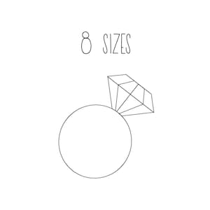 May include: A line drawing of a ring with a diamond, with the text "8 SIZES" above it.