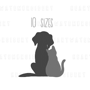 May include: Silhouette of a gray dog and a gray cat sitting side by side. The dog is on the left and the cat is on the right. The dog is looking to the right and the cat is looking to the left. The text "10 SIZES" is above the animals.