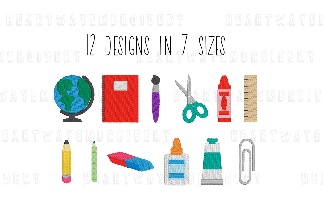 School Supplies Embroidery Design Set: Mini Back to School Bundle (7 ...