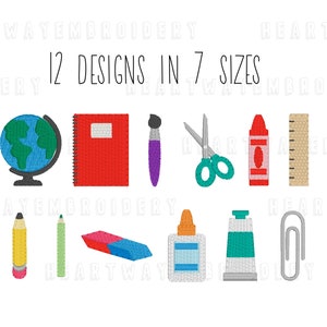 May include: Twelve embroidery designs of school supplies, including a globe, notebook, paintbrush, scissors, crayons, ruler, pencil, eraser, glue, paint, and a paperclip. The designs are in seven sizes.